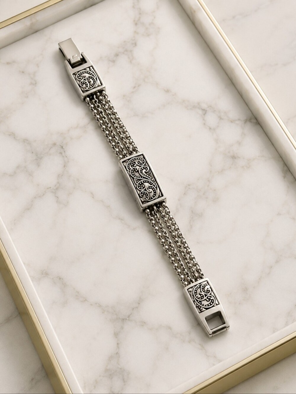 Napier Vintage Paisley Panel Bracelet Silver Tone Multi-Chain 7" Signed